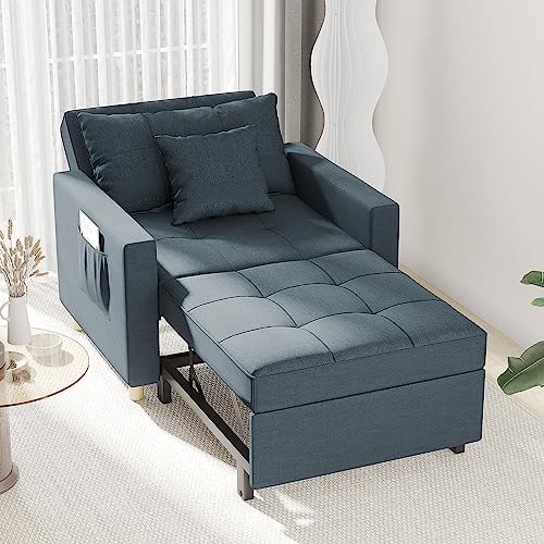 Esright 40 Inch Chair Bed 3-in-1 Convertible Futon Chair Multi-Functional Adjustable Reading Sofa, Sleeper Chair with Modern Linen Fabric, Navy