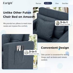 Esright 40 Inch Chair Bed 3-in-1 Convertible Futon Chair Multi-Functional Adjustable Reading Sofa, Sleeper Chair with Modern Linen Fabric, Navy