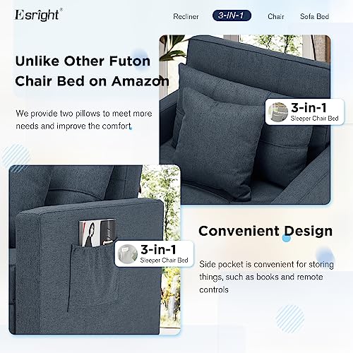 Esright 40 Inch Chair Bed 3-in-1 Convertible Futon Chair Multi-Functional Adjustable Reading Sofa, Sleeper Chair with Modern Linen Fabric, Navy