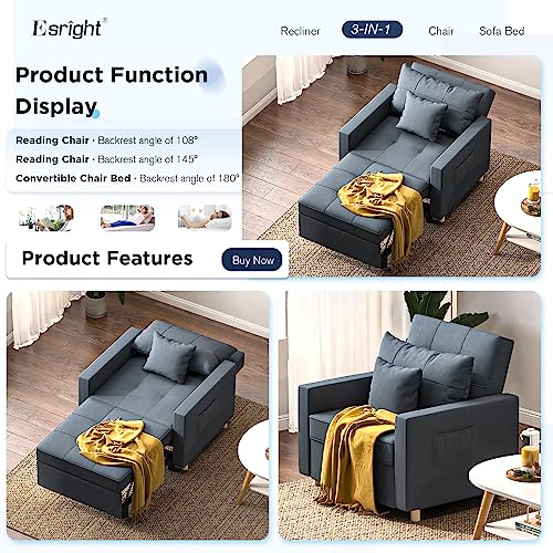 Esright 40 Inch Chair Bed 3-in-1 Convertible Futon Chair Multi-Functional Adjustable Reading Sofa, Sleeper Chair with Modern Linen Fabric, Navy