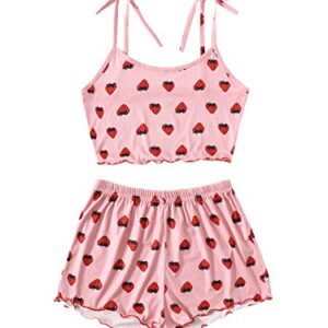 SweatyRocks Women's Summer Strawberry Print Cami Top and Shorts Sleepwear Pajamas Set Strawberry Pink M