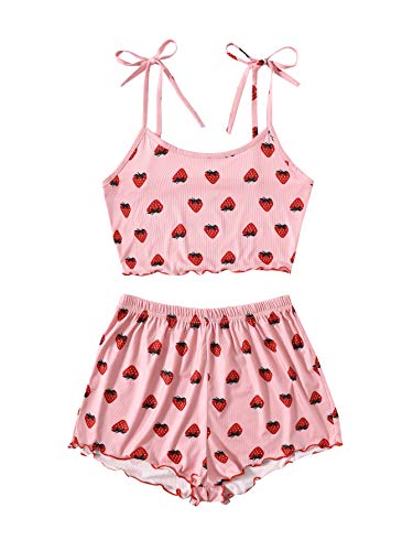 SweatyRocks Women's Summer Strawberry Print Cami Top and Shorts Sleepwear Pajamas Set Strawberry Pink M