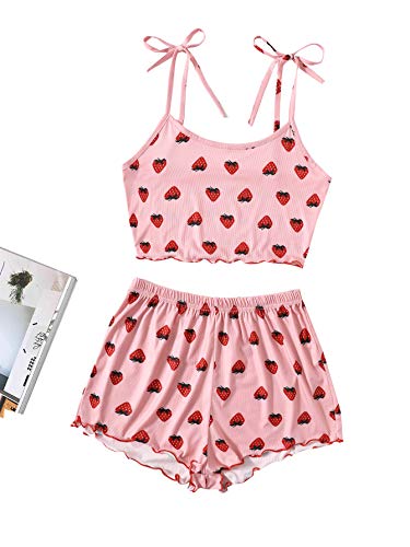 SweatyRocks Women's Summer Strawberry Print Cami Top and Shorts Sleepwear Pajamas Set Strawberry Pink M