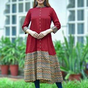 Yash Gallery Women's Rayon & Cotton Cambric Zig-Zag Print A-Line Kurta (S, Maroon)