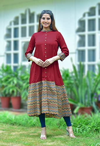 Yash Gallery Women's Rayon & Cotton Cambric Zig-Zag Print A-Line Kurta (S, Maroon)