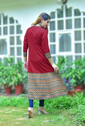 Yash Gallery Women's Rayon & Cotton Cambric Zig-Zag Print A-Line Kurta (S, Maroon)