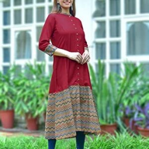 Yash Gallery Women's Rayon & Cotton Cambric Zig-Zag Print A-Line Kurta (S, Maroon)