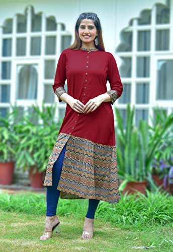 Yash Gallery Women's Rayon & Cotton Cambric Zig-Zag Print A-Line Kurta (S, Maroon)