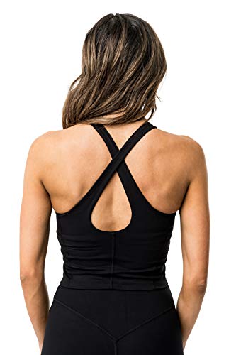 Kamo Fitness Ellyn High Neck Tank Top Sports Bra for Women Soft Padded Built-in Bra Longline Yoga Running Workout (Black, M)