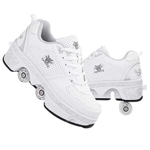 roller skates for women outdoor,parkour shoes with wheels for girls/boys,kick rollers shoes retractable adults/kids,quad roller skates men,unisex skating shoes recreation sneakers,silver-6.5us