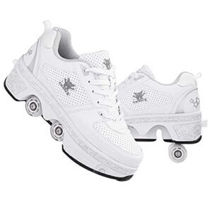 Roller Skates for Women Outdoor,Parkour Shoes with Wheels for Girls/Boys,Kick Rollers Shoes Retractable Adults/Kids,Quad Roller Skates Men,Unisex Skating Shoes Recreation Sneakers,Silver-6.5US