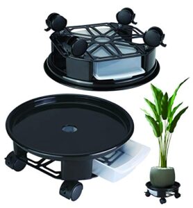 yistao plant caddy with wheels, 2 pack 12 inch rolling plant stand, heavy duty plant dolly with water drawer, round planter caddies with 4 lockable caster wheels for indoor plants outdoor, black