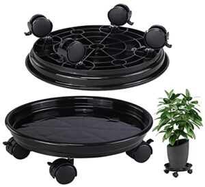 yistao 2 pack 12 inch plant caddy with 4 lockable wheels, heavy duty rolling plant dolly, indoor/outdoor round flower pot mover, black