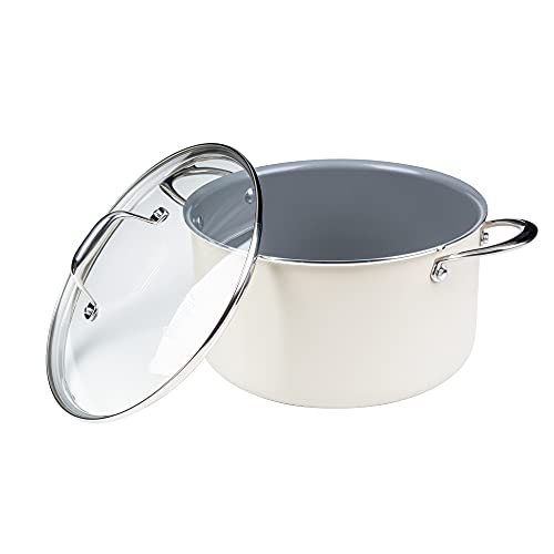 Goodful Ceramic Nonstick 6 Quart Stock Pot, Dishwasher Safe Pots and Pans, Comfort Grip Stainless Steel Handle, Made without PFOA, Cream
