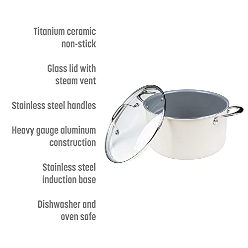 Goodful Ceramic Nonstick 6 Quart Stock Pot, Dishwasher Safe Pots and Pans, Comfort Grip Stainless Steel Handle, Made without PFOA, Cream