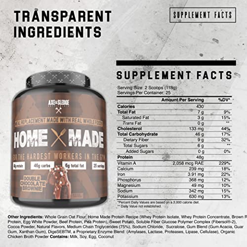 Axe & Sledge Supplements Home Made Whole-Foods-Based Meal Replacement Powder with Digestive Enzymes, Protein, Carbohydrates, and Fats, 25 Servings, Chocolate Brownie