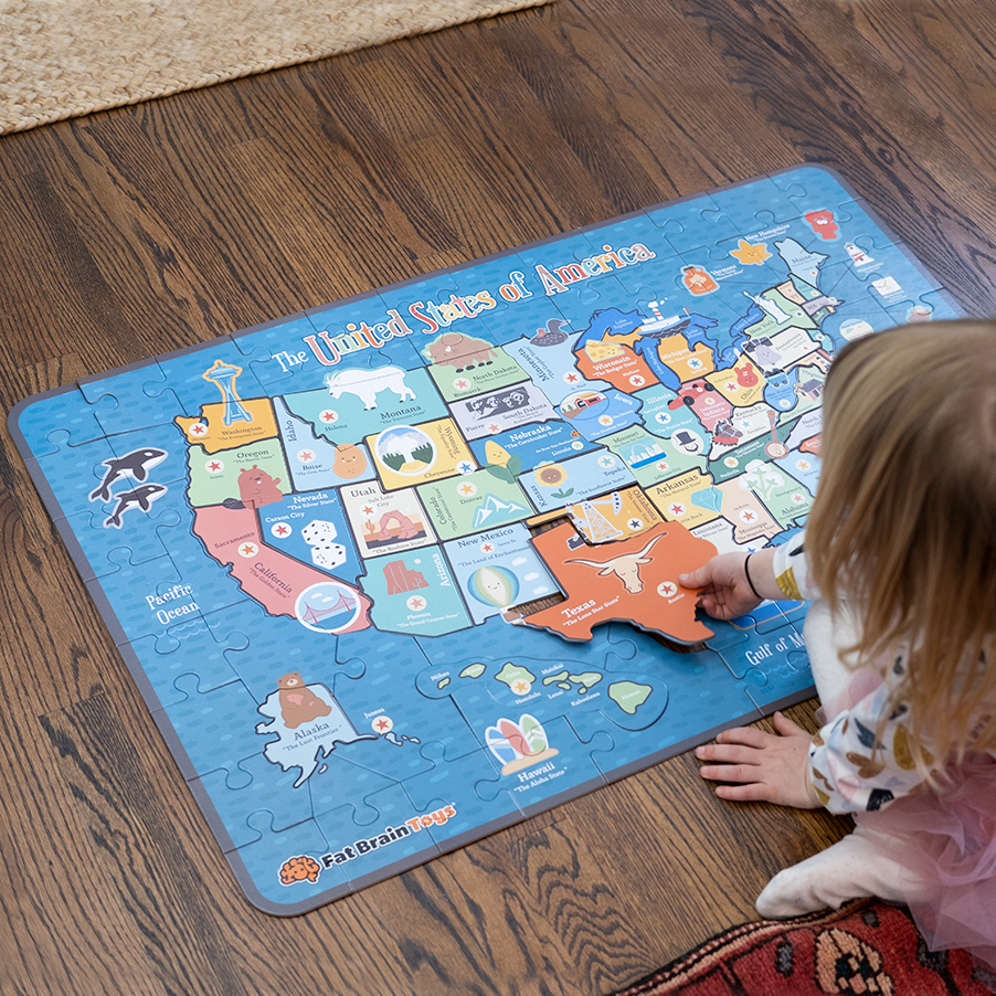 Fat Brain Toys Giant 100 Piece USA Map Puzzle - State-Shaped Jigsaw Pieces, Ages 5+