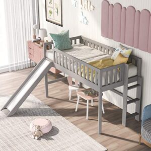 harper & bright designs twin size low loft bed with slide, wood low loft bed for kids, girls, boys (gray)
