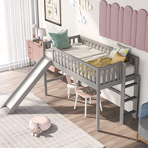 Harper & Bright Designs Twin Size Low Loft Bed with Slide, Wood Low Loft Bed for Kids, Girls, Boys (Gray)