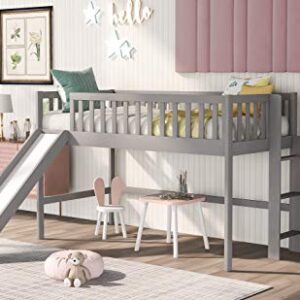 Harper & Bright Designs Twin Size Low Loft Bed with Slide, Wood Low Loft Bed for Kids, Girls, Boys (Gray)