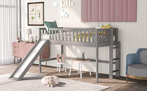 Harper & Bright Designs Twin Size Low Loft Bed with Slide, Wood Low Loft Bed for Kids, Girls, Boys (Gray)