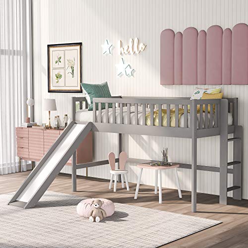 Harper & Bright Designs Twin Size Low Loft Bed with Slide, Wood Low Loft Bed for Kids, Girls, Boys (Gray)