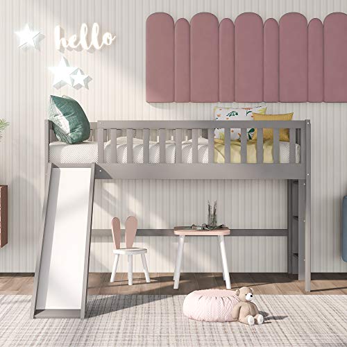 Harper & Bright Designs Twin Size Low Loft Bed with Slide, Wood Low Loft Bed for Kids, Girls, Boys (Gray)