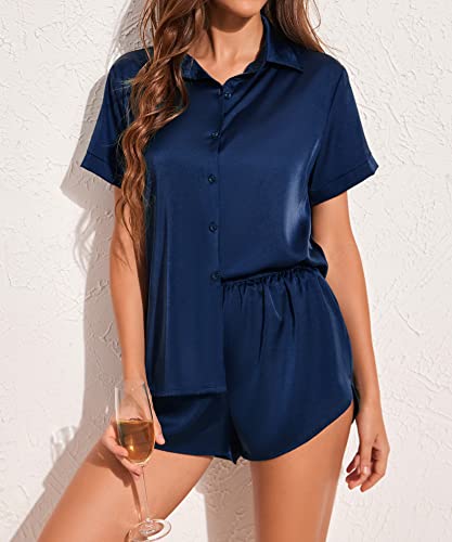 Ekouaer Womens Short Pajama Sets Satin Silk Loungewear 2 Piece Summer Soft Pjs Navy Blue Medium