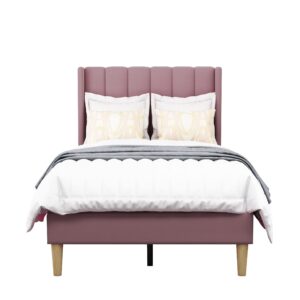 agartt upholstered platform bed frame twin size with headboard and footboard/wooden slats support/no box spring needed/easy assembly,pink velvet