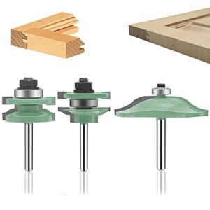 leatbuy 1/4-inch shank raised panel router bit set 3 pcs, round over cabinet door rail and stile router bits, woodworking wood cutter, wood carbide groove tongue milling tool(1/2-h double)