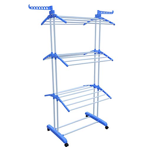 TFCFL 66” 3 Tier Clothes Drying Rack, Upthehill Collapsible Rolling Stainless Laundry Dryer Hanger with Foldable Wings and Casters Collapsible Garment Laundry Rack for Indoor/Outdoor (Blue)