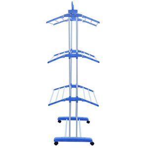 TFCFL 66” 3 Tier Clothes Drying Rack, Upthehill Collapsible Rolling Stainless Laundry Dryer Hanger with Foldable Wings and Casters Collapsible Garment Laundry Rack for Indoor/Outdoor (Blue)