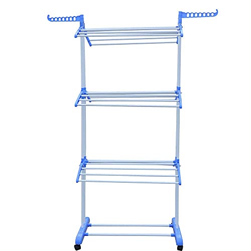 TFCFL 66” 3 Tier Clothes Drying Rack, Upthehill Collapsible Rolling Stainless Laundry Dryer Hanger with Foldable Wings and Casters Collapsible Garment Laundry Rack for Indoor/Outdoor (Blue)