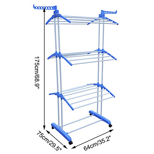 TFCFL 66” 3 Tier Clothes Drying Rack, Upthehill Collapsible Rolling Stainless Laundry Dryer Hanger with Foldable Wings and Casters Collapsible Garment Laundry Rack for Indoor/Outdoor (Blue)