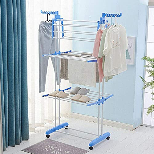 TFCFL 66” 3 Tier Clothes Drying Rack, Upthehill Collapsible Rolling Stainless Laundry Dryer Hanger with Foldable Wings and Casters Collapsible Garment Laundry Rack for Indoor/Outdoor (Blue)