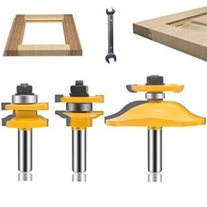 leatbuy router bits cabinet door 3 pcs router bit set 1/2-inch shank rail and stile round over raised panel woodworking wood cutter, wood carbide groove tongue milling tool(1/2 line)