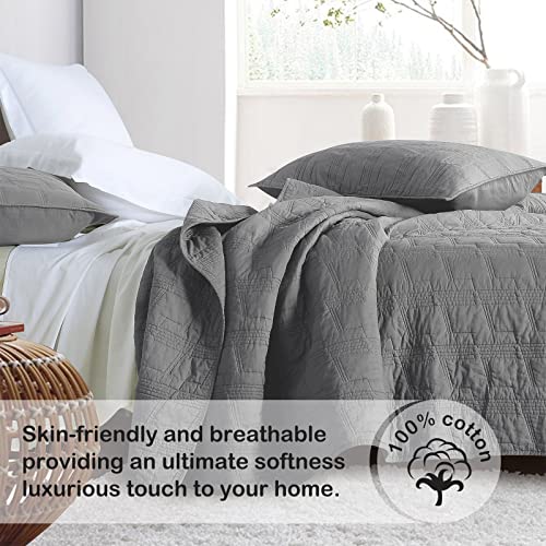 100% Cotton Quilt Set Queen Size, Grey Pre-washed 3-Piece Bedspread Coverlet Set, Cozy Lightweight Stitching Decorative Bedding Cover with 2 Shams in Geometric Pattern Rustic Style for All Season