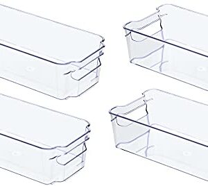 Sooyee Stackable Refrigerator Bin - (6 x 12 Inch) - w/Handle - BPA Free Polyethylene - for Fridge, Freezer, Pantry Organization - Kitchen,Clear - Set of 4