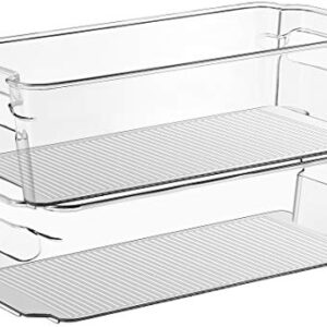 Sooyee Stackable Refrigerator Bin - (6 x 12 Inch) - w/Handle - BPA Free Polyethylene - for Fridge, Freezer, Pantry Organization - Kitchen,Clear - Set of 4