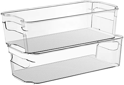 Sooyee Stackable Refrigerator Bin - (6 x 12 Inch) - w/Handle - BPA Free Polyethylene - for Fridge, Freezer, Pantry Organization - Kitchen,Clear - Set of 4