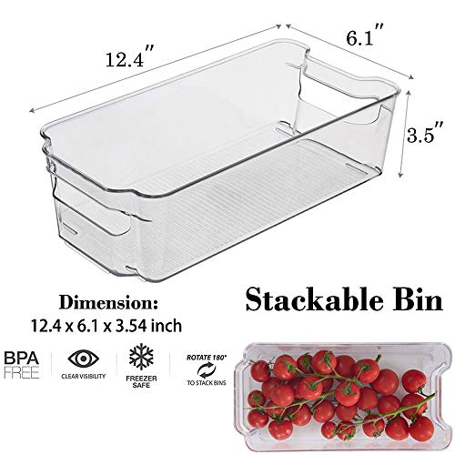 Sooyee Stackable Refrigerator Bin - (6 x 12 Inch) - w/Handle - BPA Free Polyethylene - for Fridge, Freezer, Pantry Organization - Kitchen,Clear - Set of 4