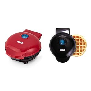 dash dms001rd mini maker electric round griddle + included recipe book, red & dmw001bk machine for individual, paninis, hash browns, & other mini waffle maker, 4 inch, black