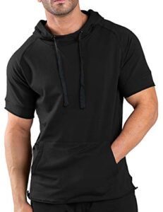 coofandy men's gym hoodies short sleeve cotton athletic workout bodybuilding t shirt hooded sweatshirt with pocket black