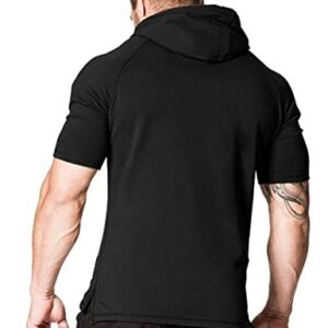 COOFANDY Men's Gym Hoodies Short Sleeve Cotton Athletic Workout Bodybuilding T Shirt Hooded Sweatshirt with Pocket Black