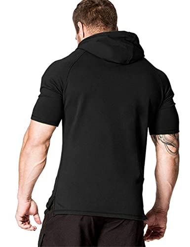 COOFANDY Men's Gym Hoodies Short Sleeve Cotton Athletic Workout Bodybuilding T Shirt Hooded Sweatshirt with Pocket Black