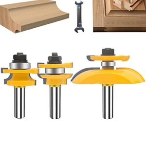 OLETBE Router Bit Set 1/2 Inch Shank 3 PCS Round Over Raised Panel Cabinet Door Ogee Rail and Stile Router Bits, Woodworking Wood Cutter, Wood Carbide Milling Tool(Gold)