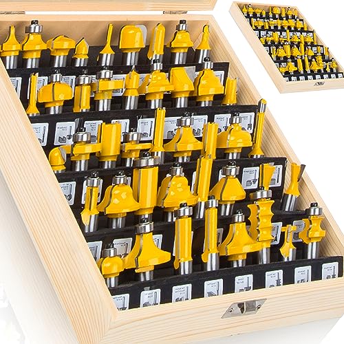 OLETBE 1/2 Inch Shank Router Bit Set 41 PCS, Extended Door Rail Cabinet Stile Router Bits Sets, Woodworking Milling Cutter Tools, Router Grooving Tool(Yellow)