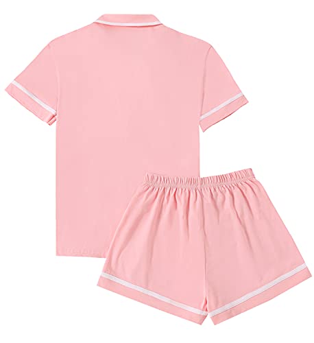 LYANER Women's Cotton Pajamas Set Button Short Sleeve Shirt with Shorts Set PJs Loungewear Pink Medium