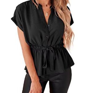 Womens Button Down Blouses Casual Peplum Summer Tops Dressy Chiffon Work Blouse Black