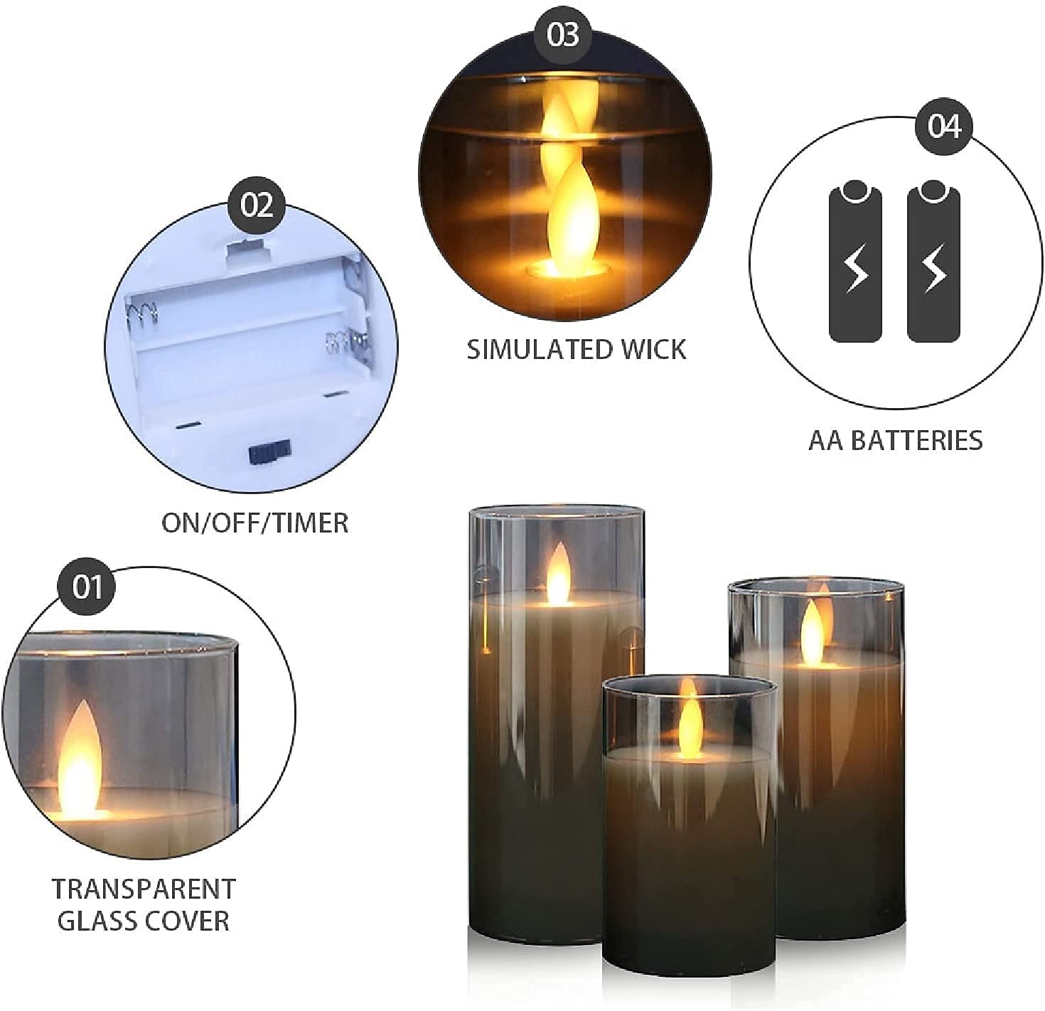 LED Flameless Candle Premium Black Glass with Remote Control Battery Operated Flickering Warm Light LED Pillar Candles Real Wax Wick 3 Pack D 3" H 4" 5" 6" Home Decor Premium Black